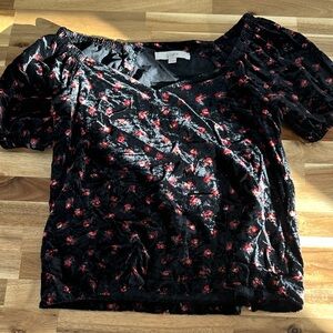 LOFT Black Velvet Top with Red Floral Accents